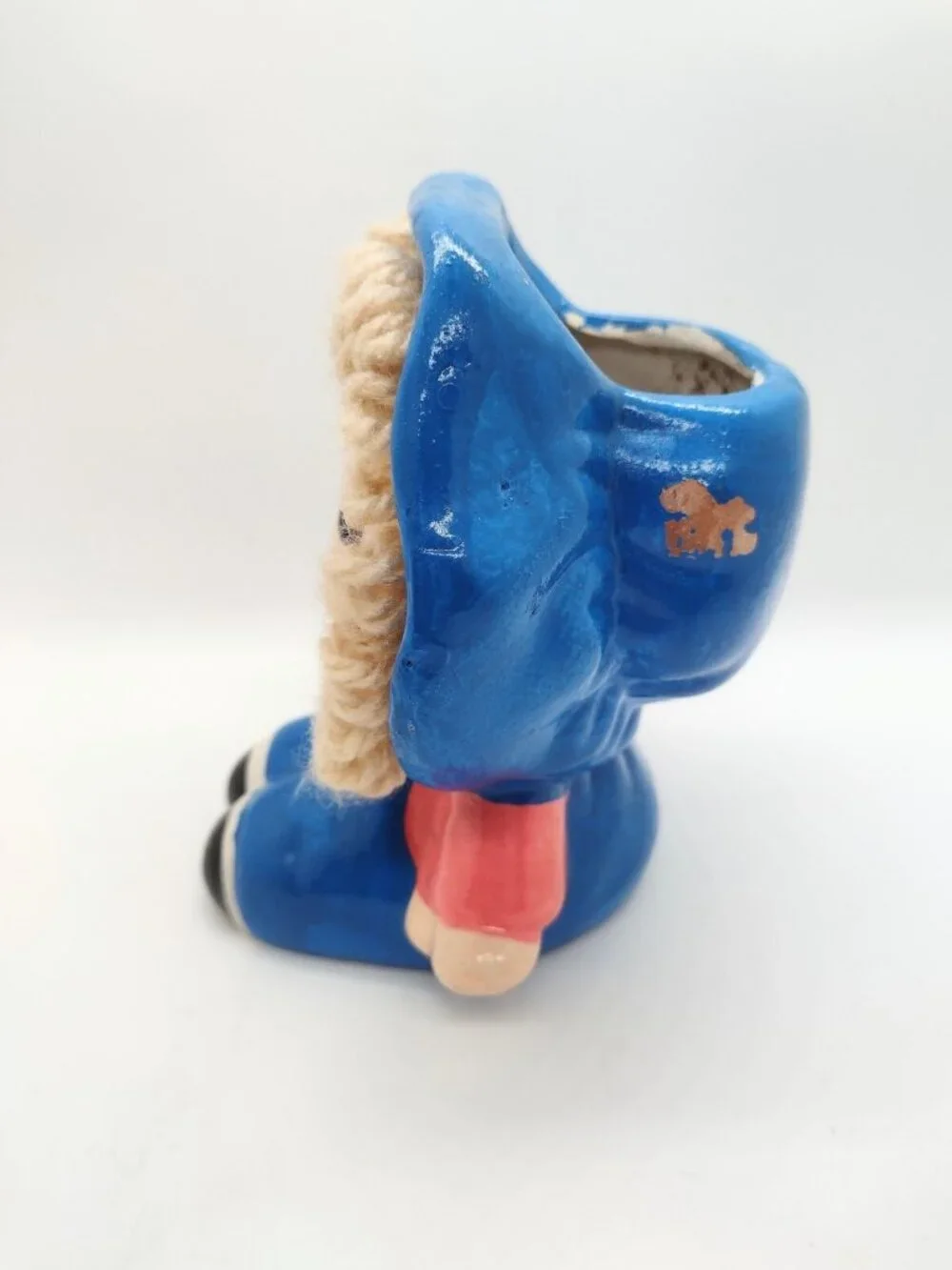 Vintage My Neil Chalkware Girl Planter Yarn Hair Kitsch Handpainted Blue READ